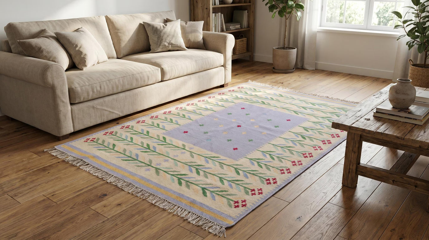 Periwinkle Folk Garland Handwoven Swedish Heritage Kilim, Custom Size