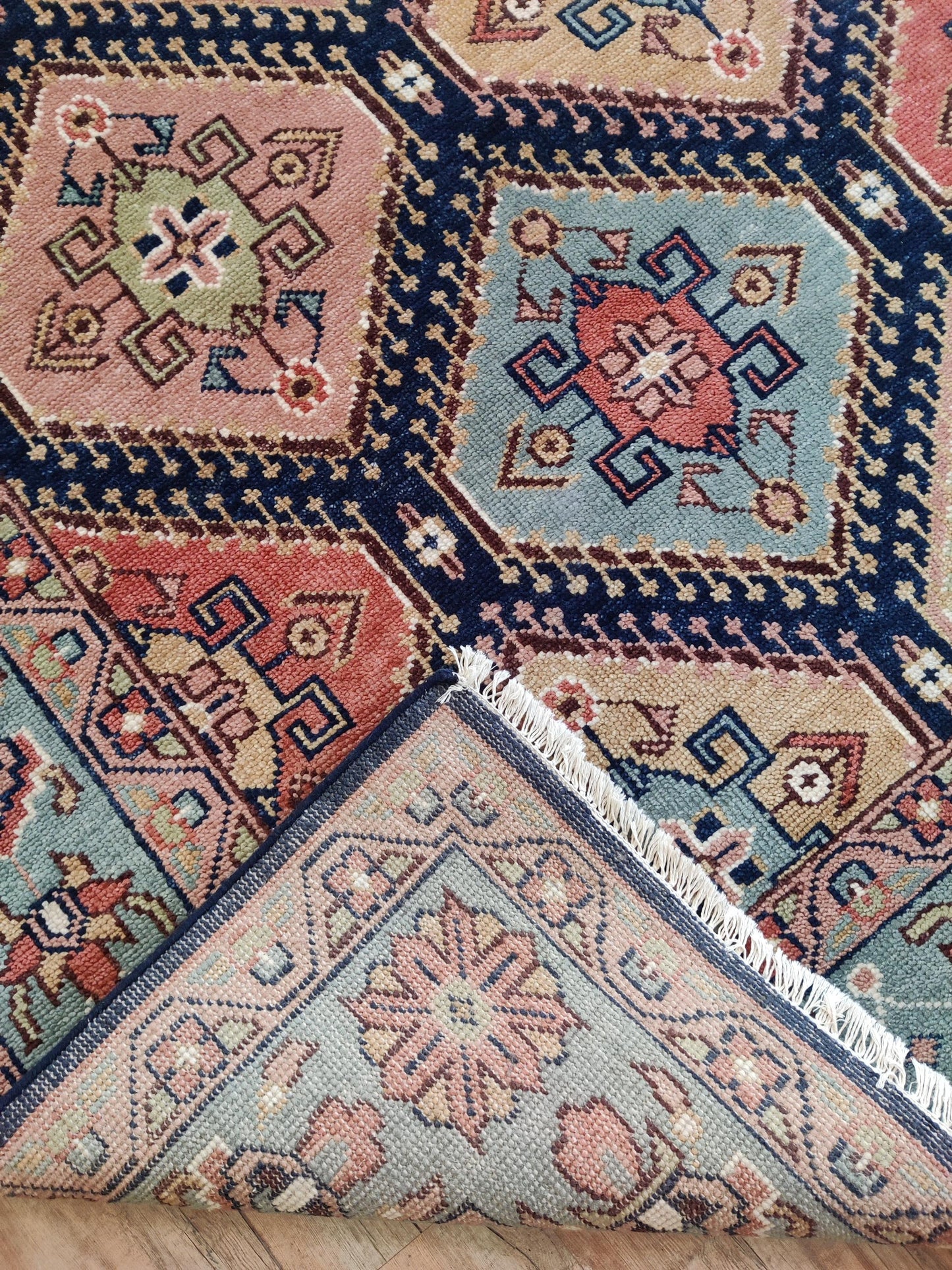 Hand-Knotted Diamond Medallion Kilim-Style Wool Carpet