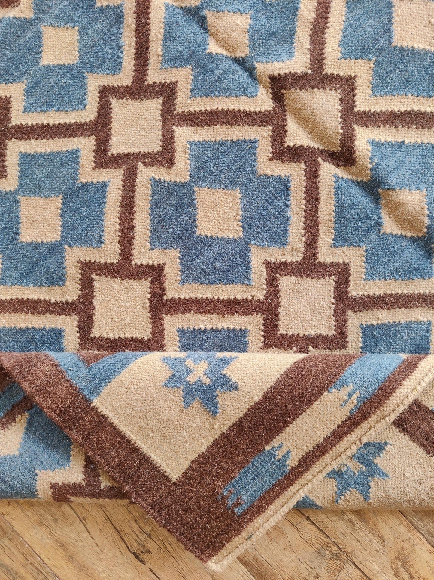 Indigo Starburst Lattice Earth Brown & Beige Cotton Wool Dhurrie