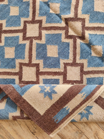 Indigo Starburst Lattice Earth Brown & Beige Cotton Wool Dhurrie