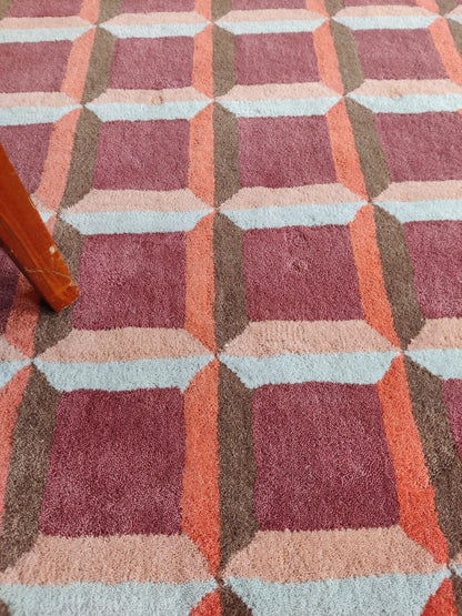 Abstract Red Orb & Checkered Pattern Thick Plush Pile Designer Carpet