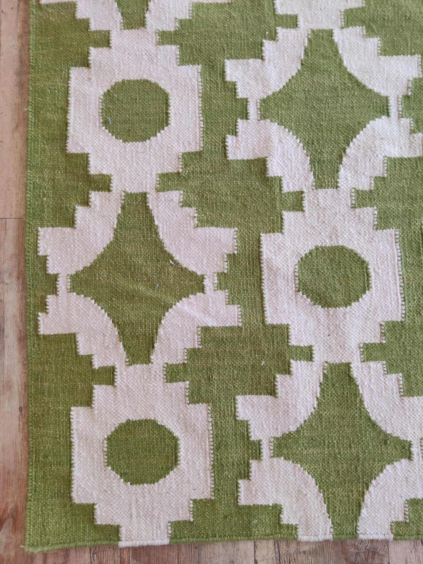 Moss Optical Maze Lime Green & Cream Wool Cotton Dhurrie Rug