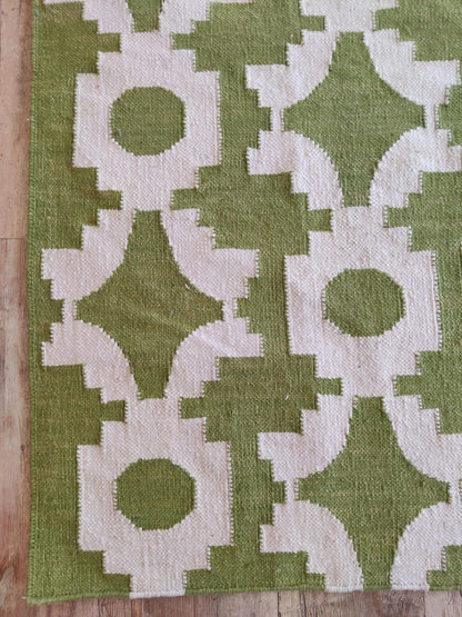 Moss Optical Maze Lime Green & Cream Wool Cotton Dhurrie Rug