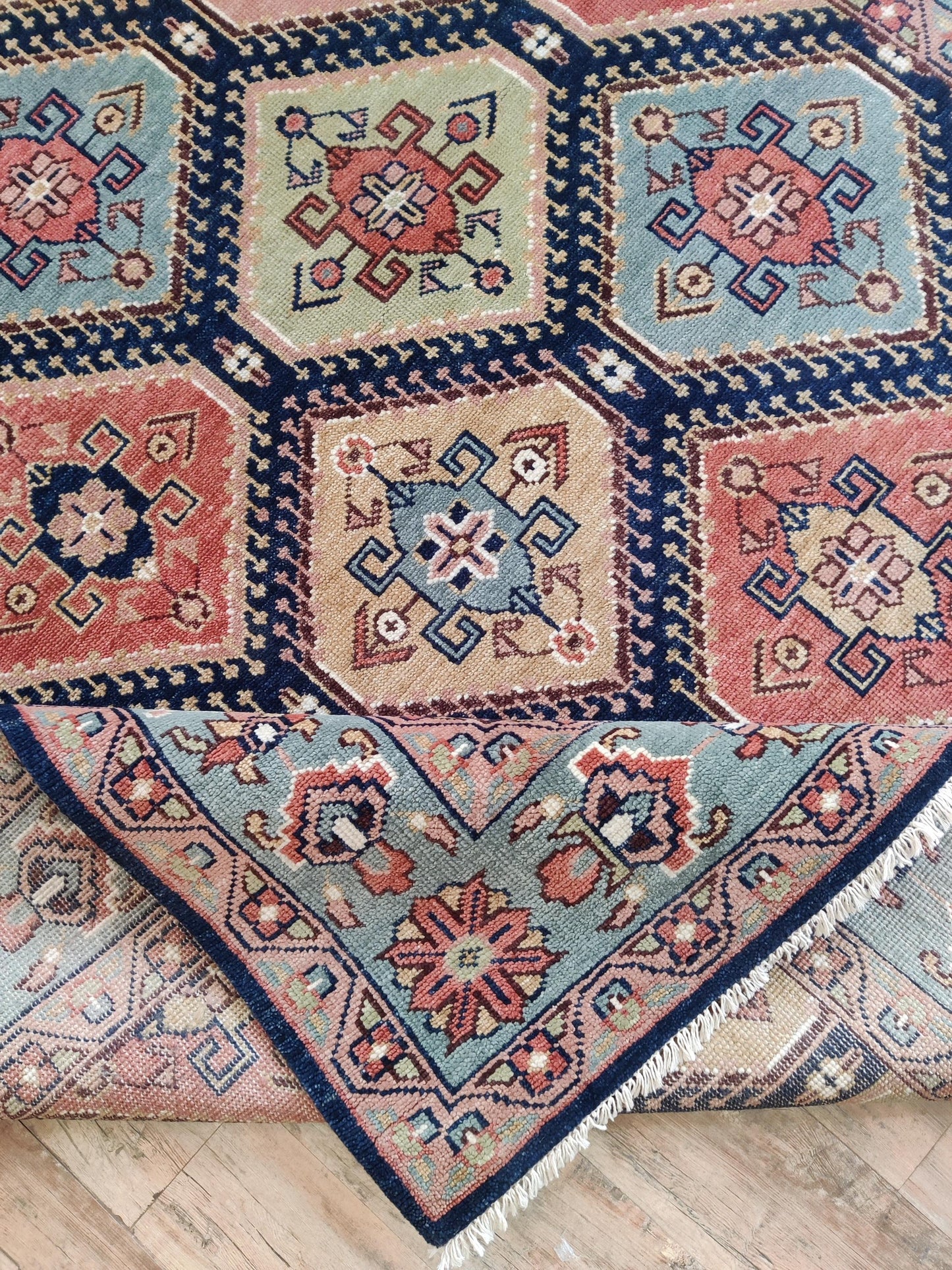 Hand-Knotted Diamond Medallion Kilim-Style Wool Carpet
