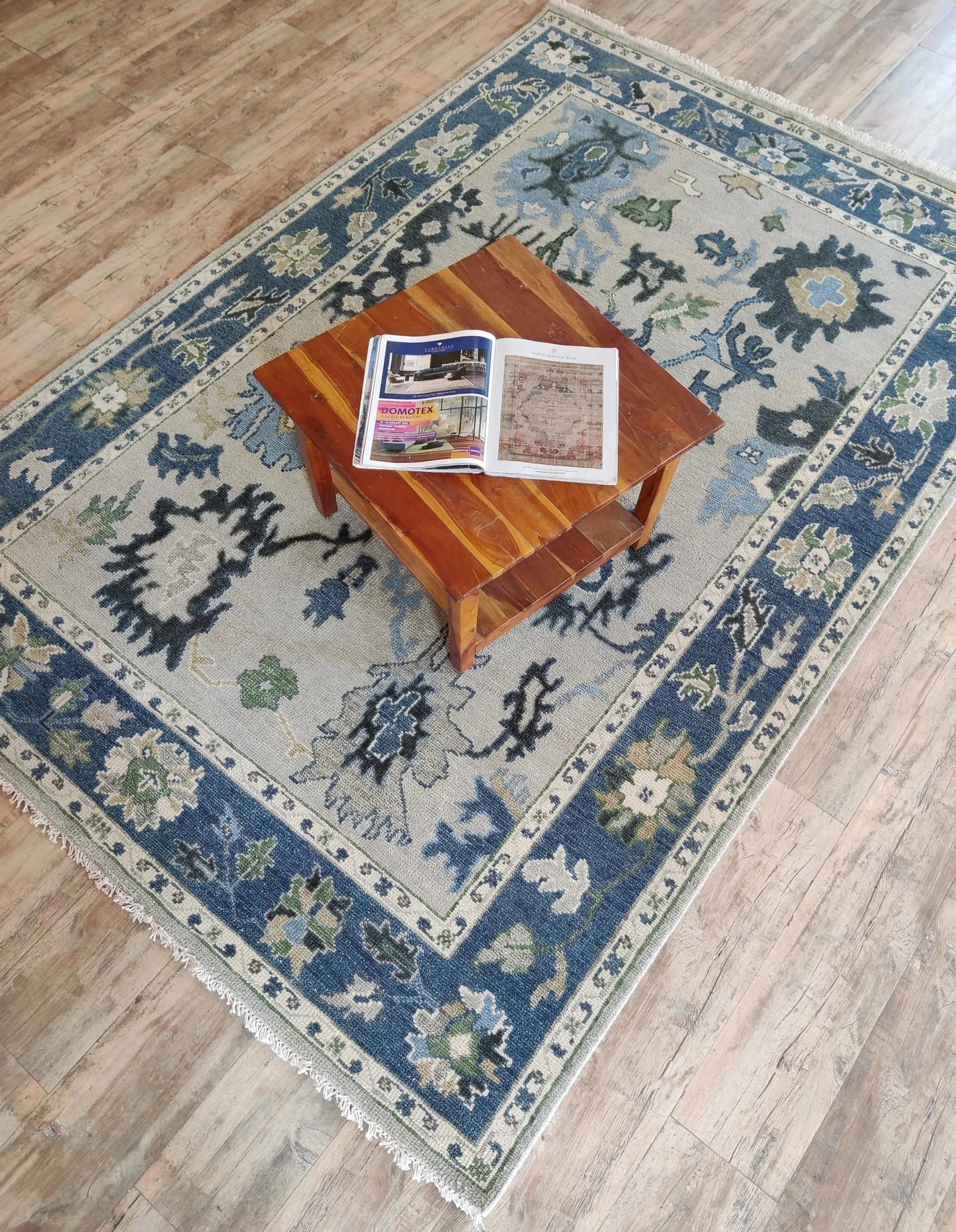 Azure Bloom Transitional Oushak Rug in Indigo Blue and Cream