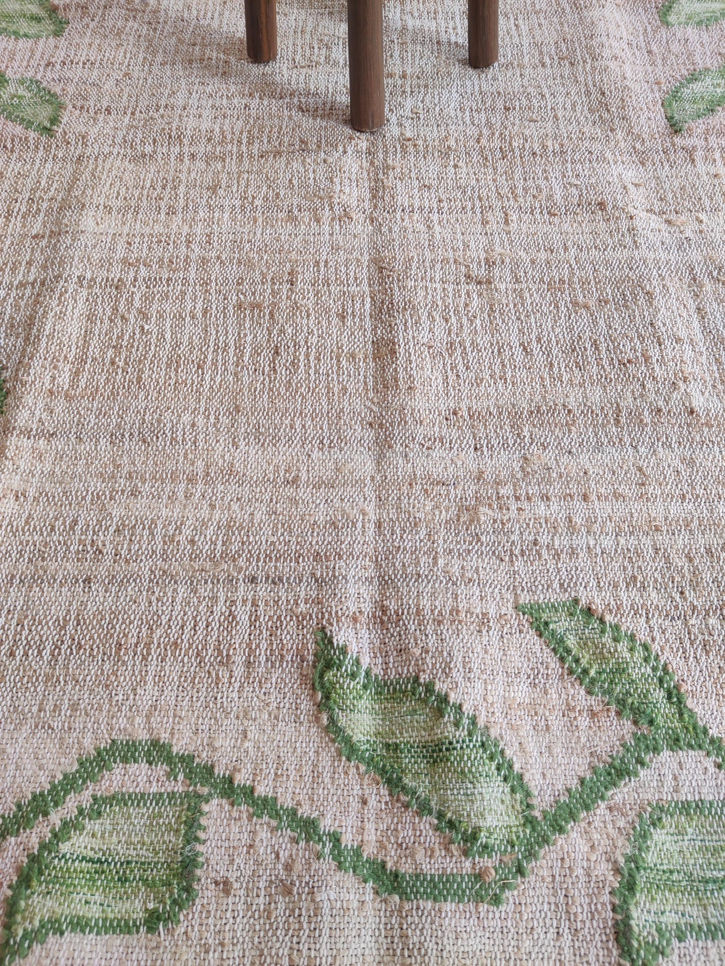 Green Leafy Vine Border Kilim Textured Natural Fiber Dhurrie