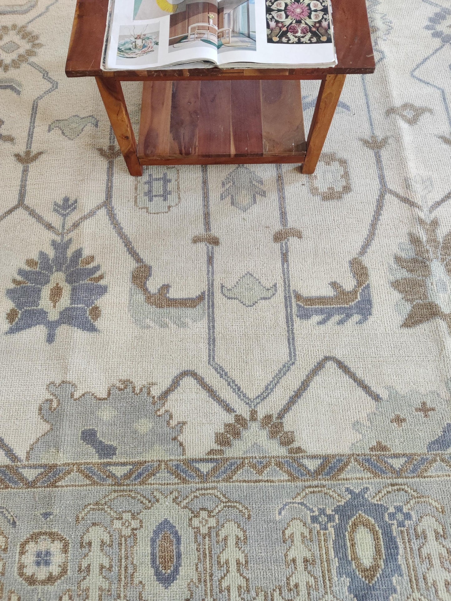Soft Slate and Cream Hand-Knotted Botanical Rug