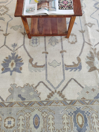 Soft Slate and Cream Hand-Knotted Botanical Rug