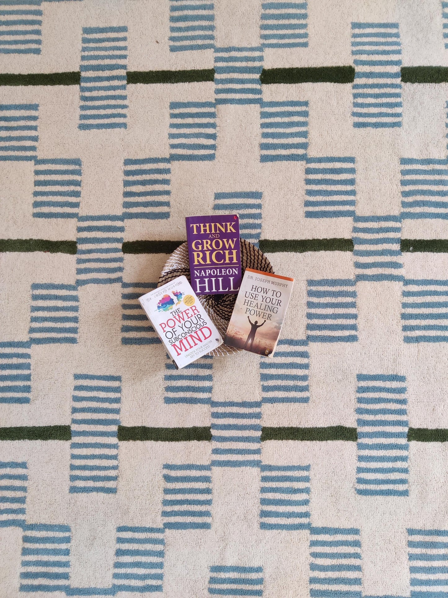 Celestial Star & Stripe Geometric Design Modern Blue and Terracotta Area Carpet