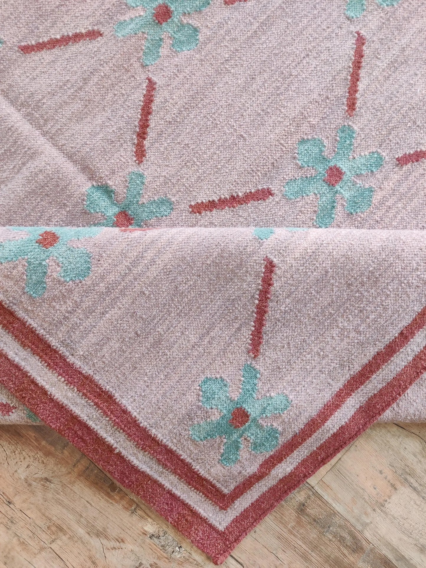 Blush Meadow Pastel Pink and Mint Floral Wool Cotton Dhurrie Rug