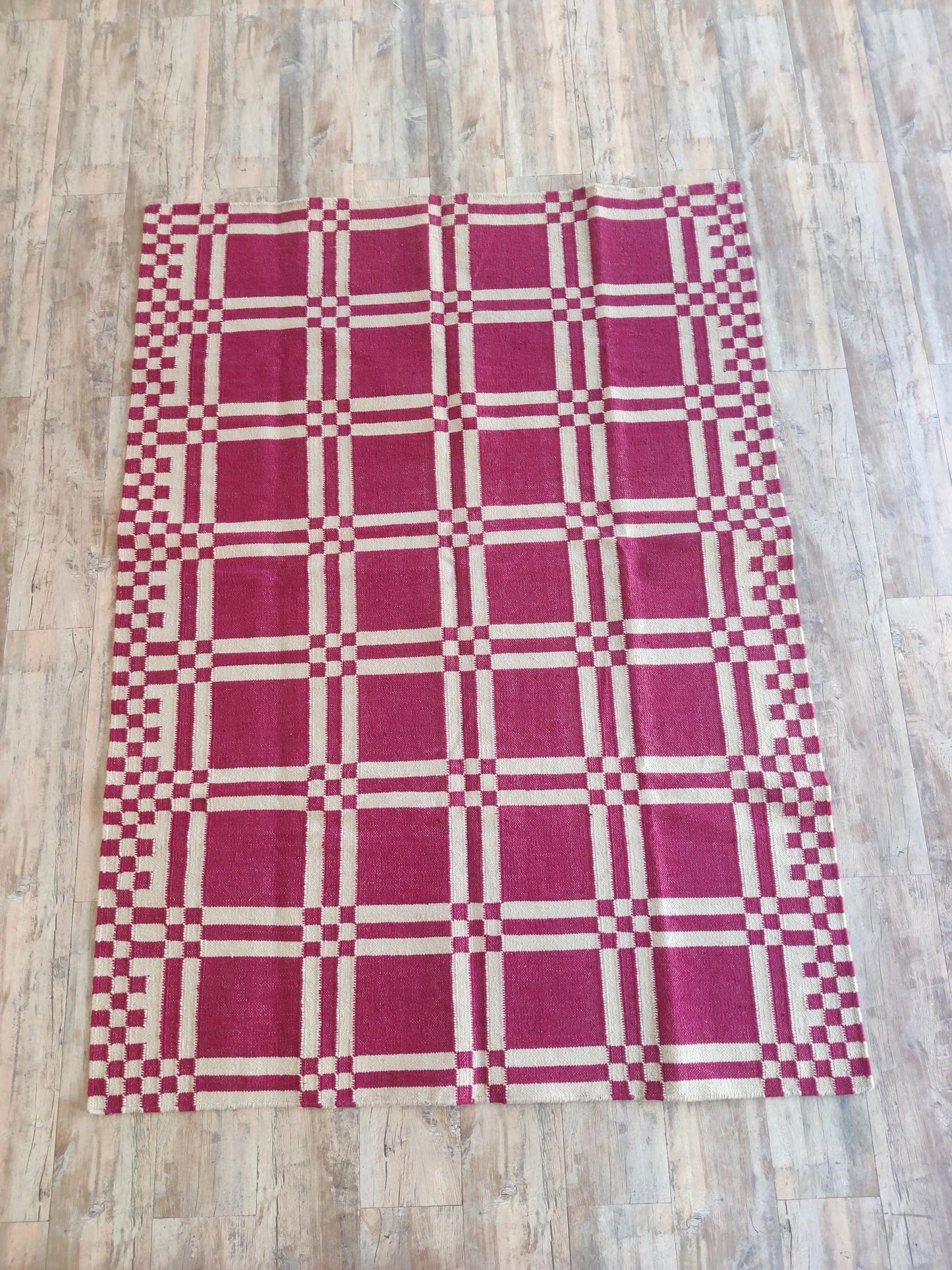 Modern Plaid Grid Crimson Pink and Off-White Flatweave Rug