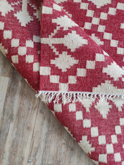 Handmade Red & White Geometric Rug