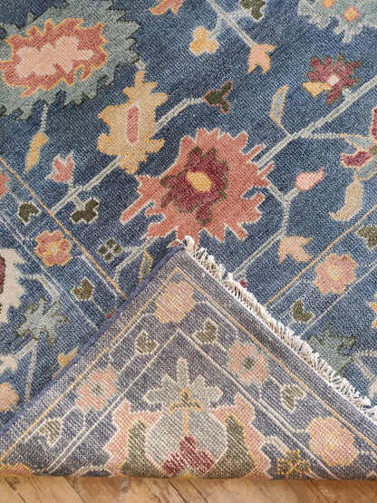 Indigo Blossom Hand-Knotted Oushak Carpet featuring Symmetrical Persian Botanical Motifs