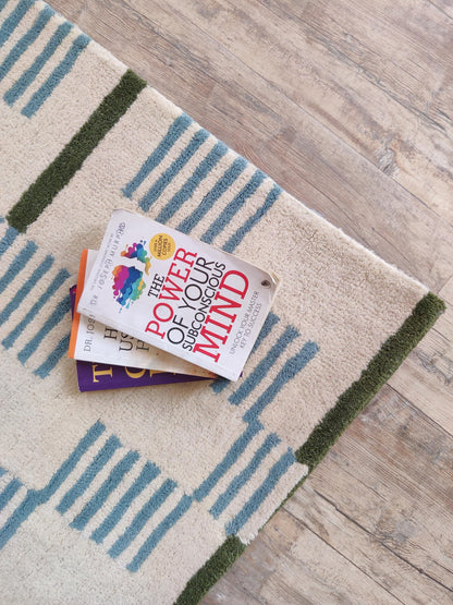 Celestial Star & Stripe Geometric Design Modern Blue and Terracotta Area Carpet