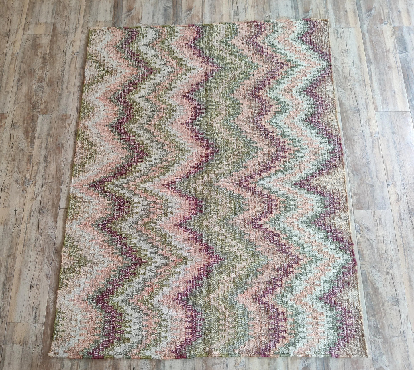 Handwoven Cotton Jute Rug, Zigzag Flatweave Carpet,