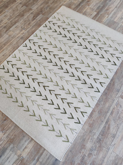 Sage Chevron Trail Minimalist Cream & Sage Green Wool Cotton Dhurrie Rug