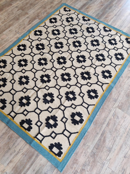 Teal Lattice Rosette  Modern Black & Cream Wool Cotton Dhurrie Rug