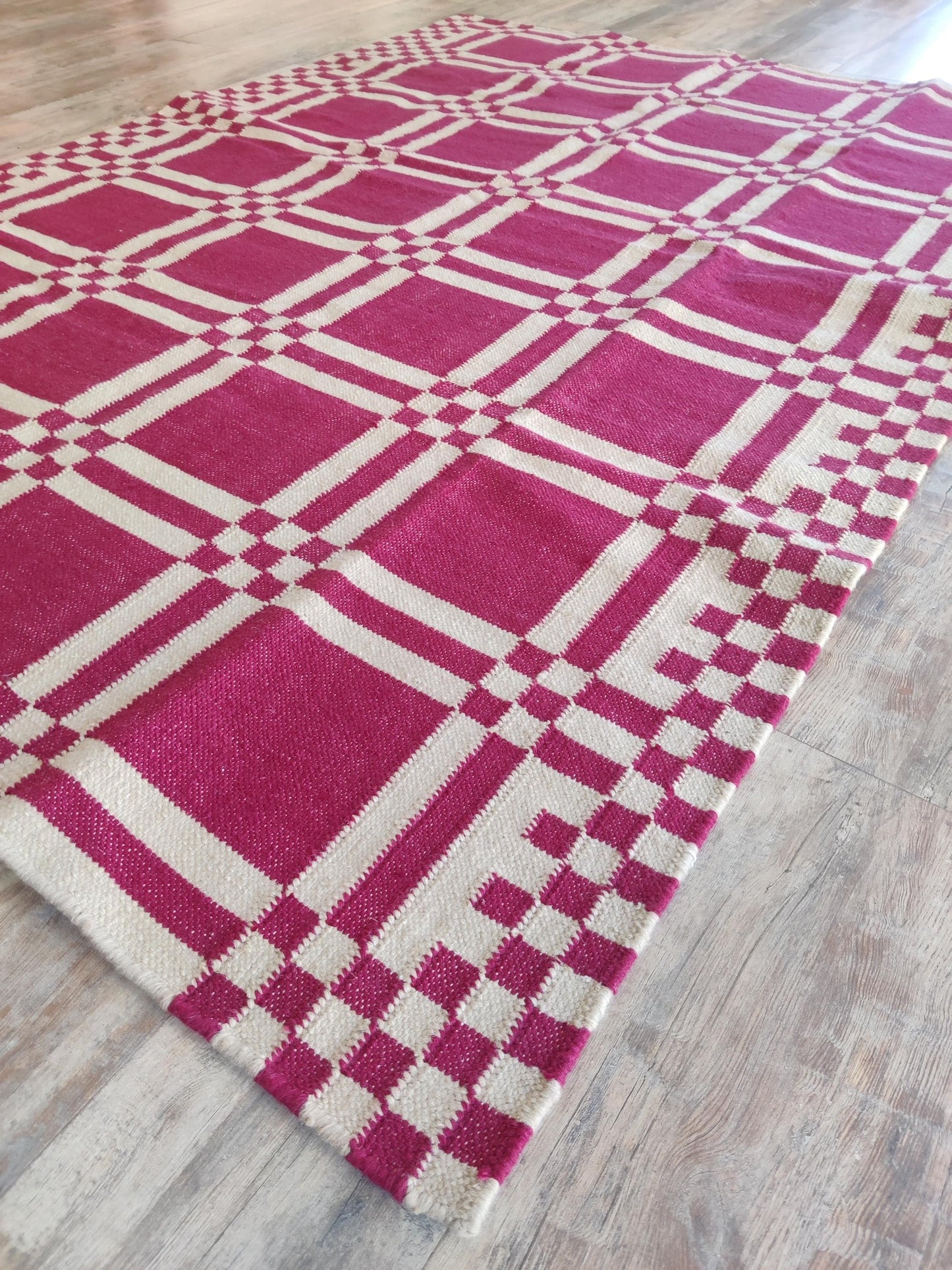 Modern Plaid Grid Crimson Pink and Off-White Flatweave Rug