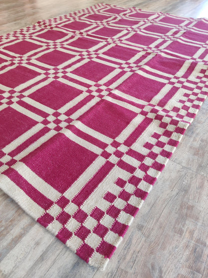 Modern Plaid Grid Crimson Pink and Off-White Flatweave Rug