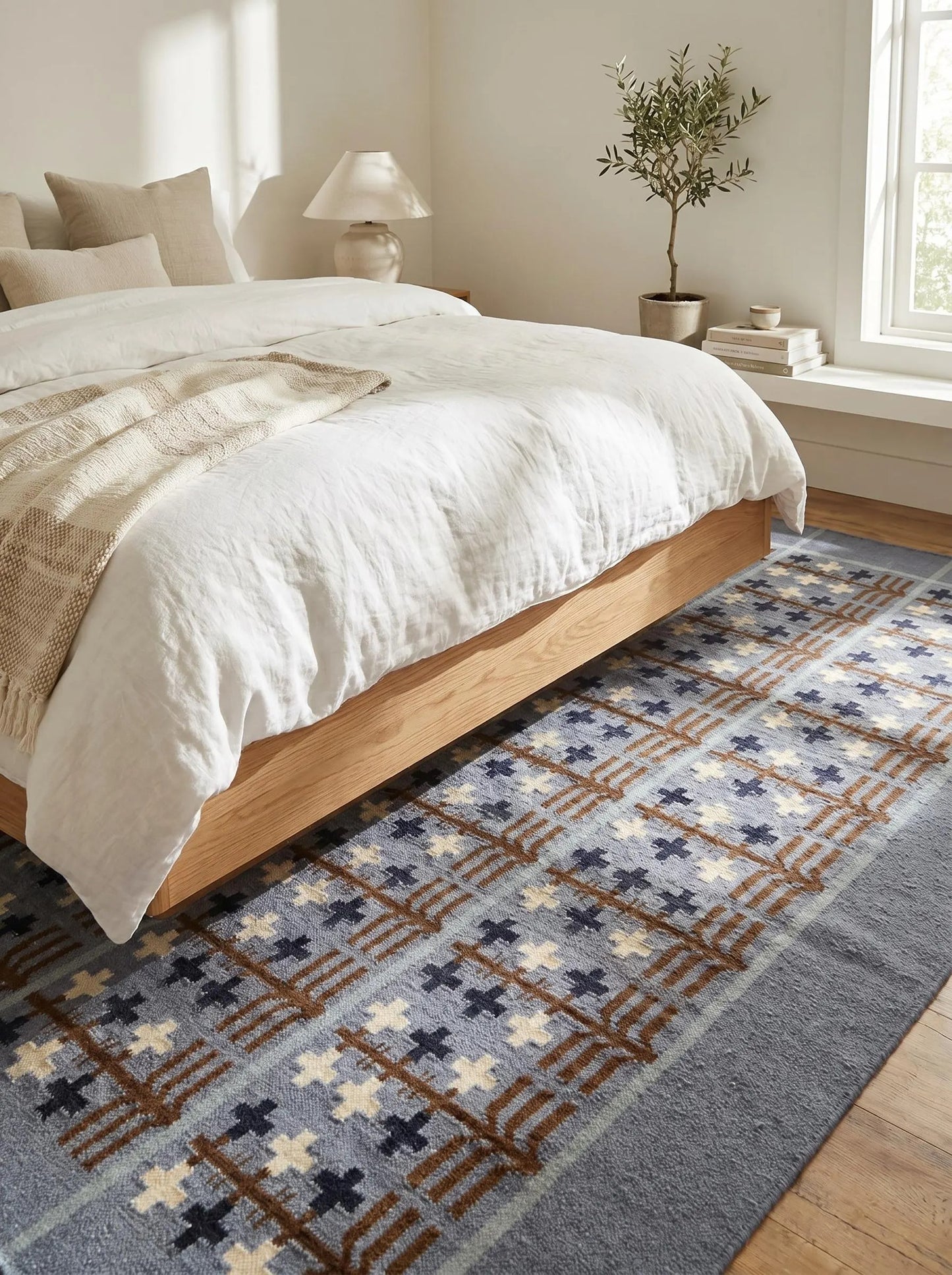 Slate Folk Tree Denim Blue Charcoal Indigo & Chestnut Cotton Wool Dhurrie