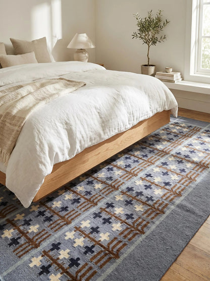 Slate Folk Tree Denim Blue Charcoal Indigo & Chestnut Cotton Wool Dhurrie