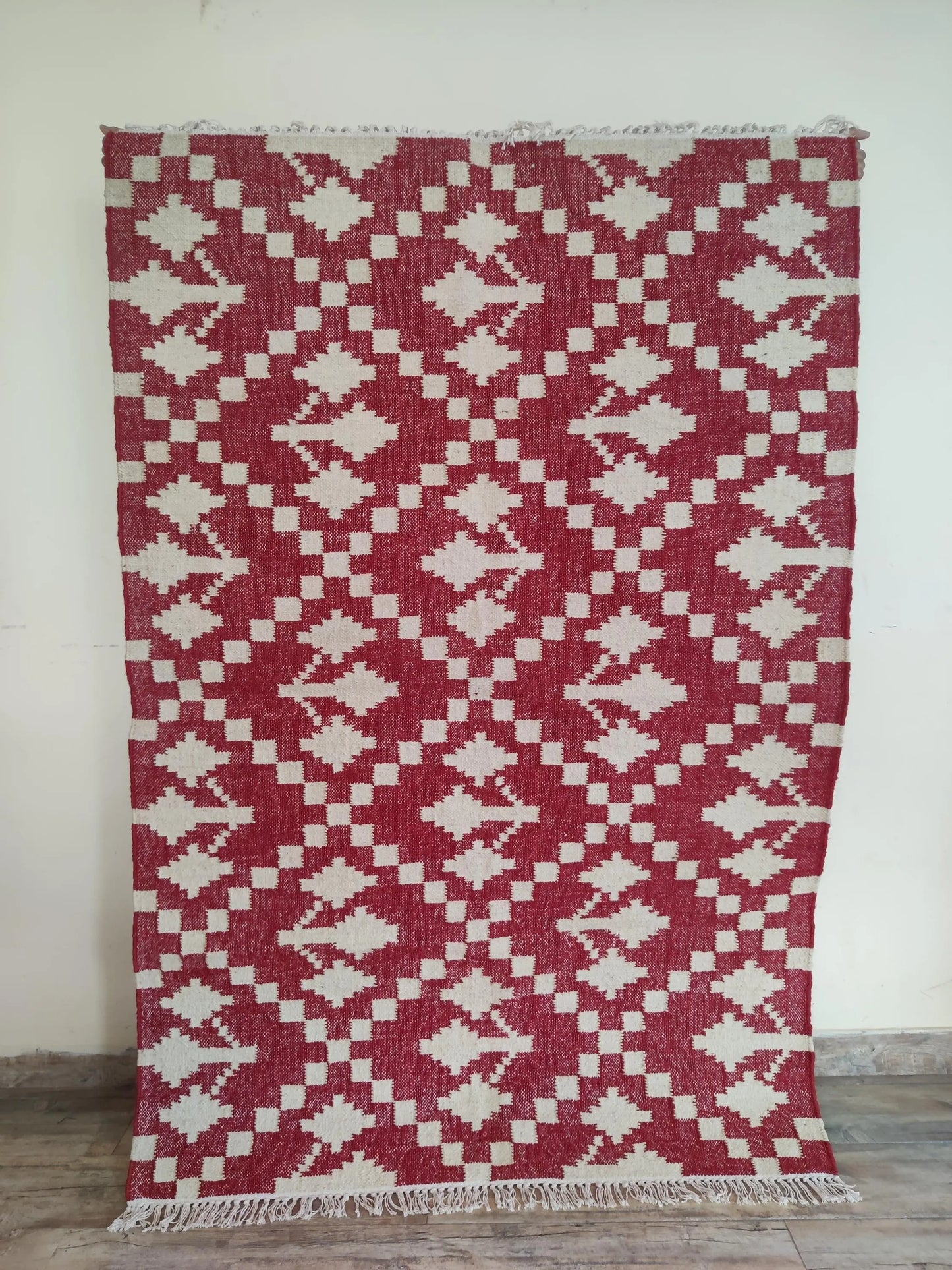Handmade Red & White Geometric Rug