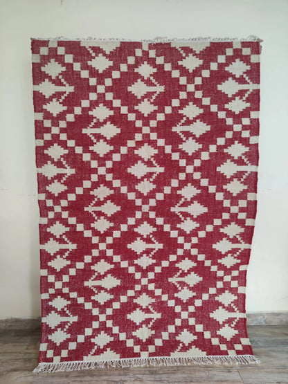 Handmade Red & White Geometric Rug