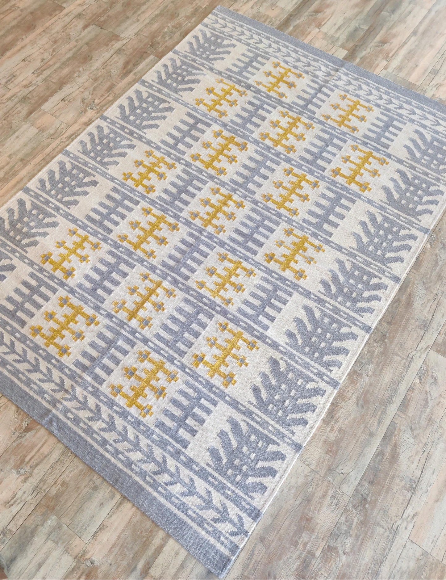 Nordic Totem Grid Modern Slate Blue & Mustard Wool Cotton Dhurrie Rug