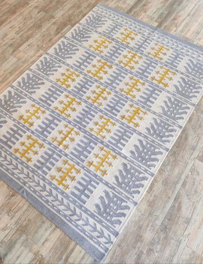 Nordic Totem Grid Modern Slate Blue & Mustard Wool Cotton Dhurrie Rug