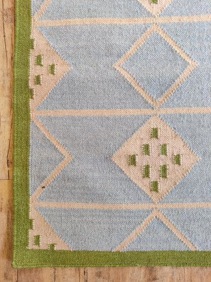 Azure Diamond Lattice Modern Powder Blue & Green Wool Cotton Dhurrie Rug