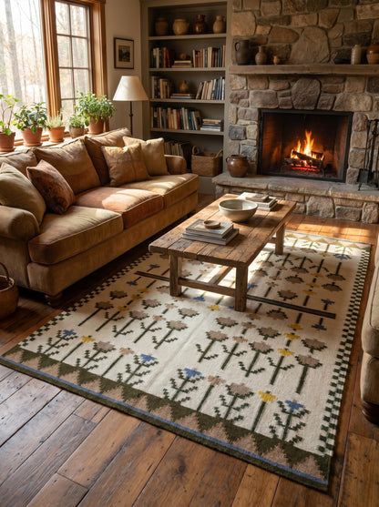 Nordic Thistle Garden Olive Green & Muted Yellow Wool Cotton Dhurrie Rug
