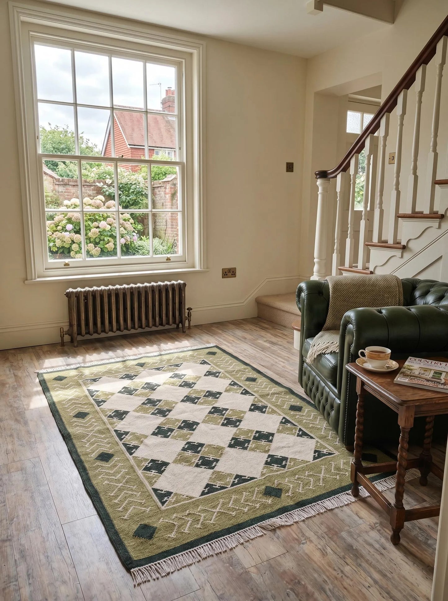 Moss Geometric Harlequin Olive Green & Cream Wool Cotton Dhurrie Rug