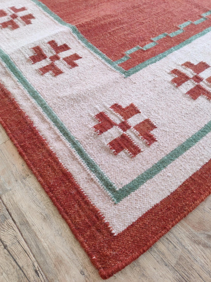 Terracotta Oasis Border Rust Red & Cream Wool Cotton Dhurrie Rug