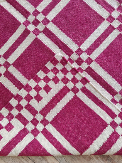 Modern Plaid Grid Crimson Pink and Off-White Flatweave Rug