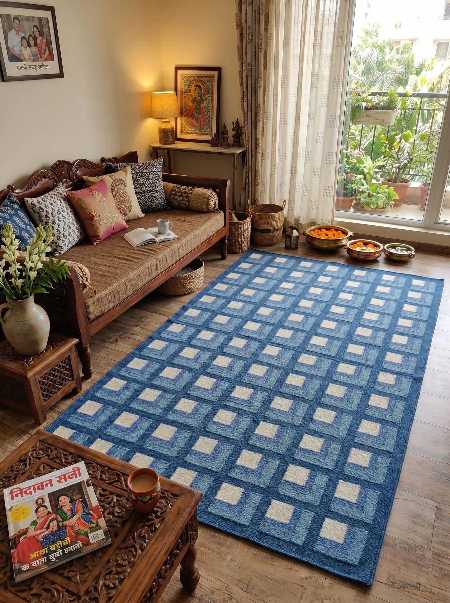 Slate Optical Cube Century Modern Blue & Cream Wool Cotton Dhurrie Rug