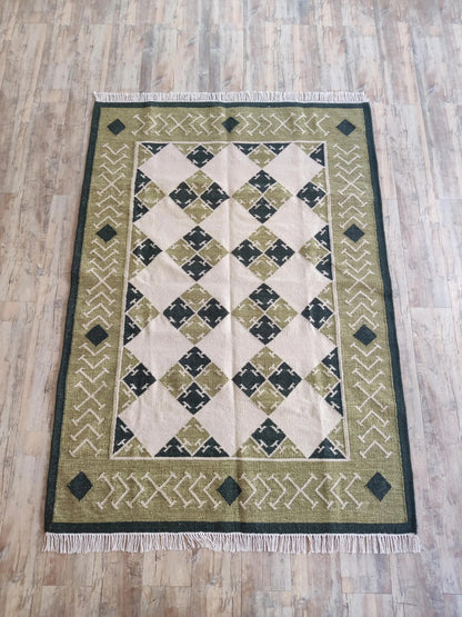 Moss Geometric Harlequin Olive Green & Cream Wool Cotton Dhurrie Rug
