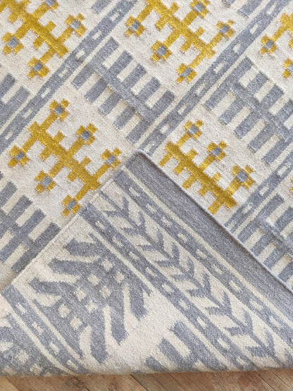 Nordic Totem Grid Modern Slate Blue & Mustard Wool Cotton Dhurrie Rug