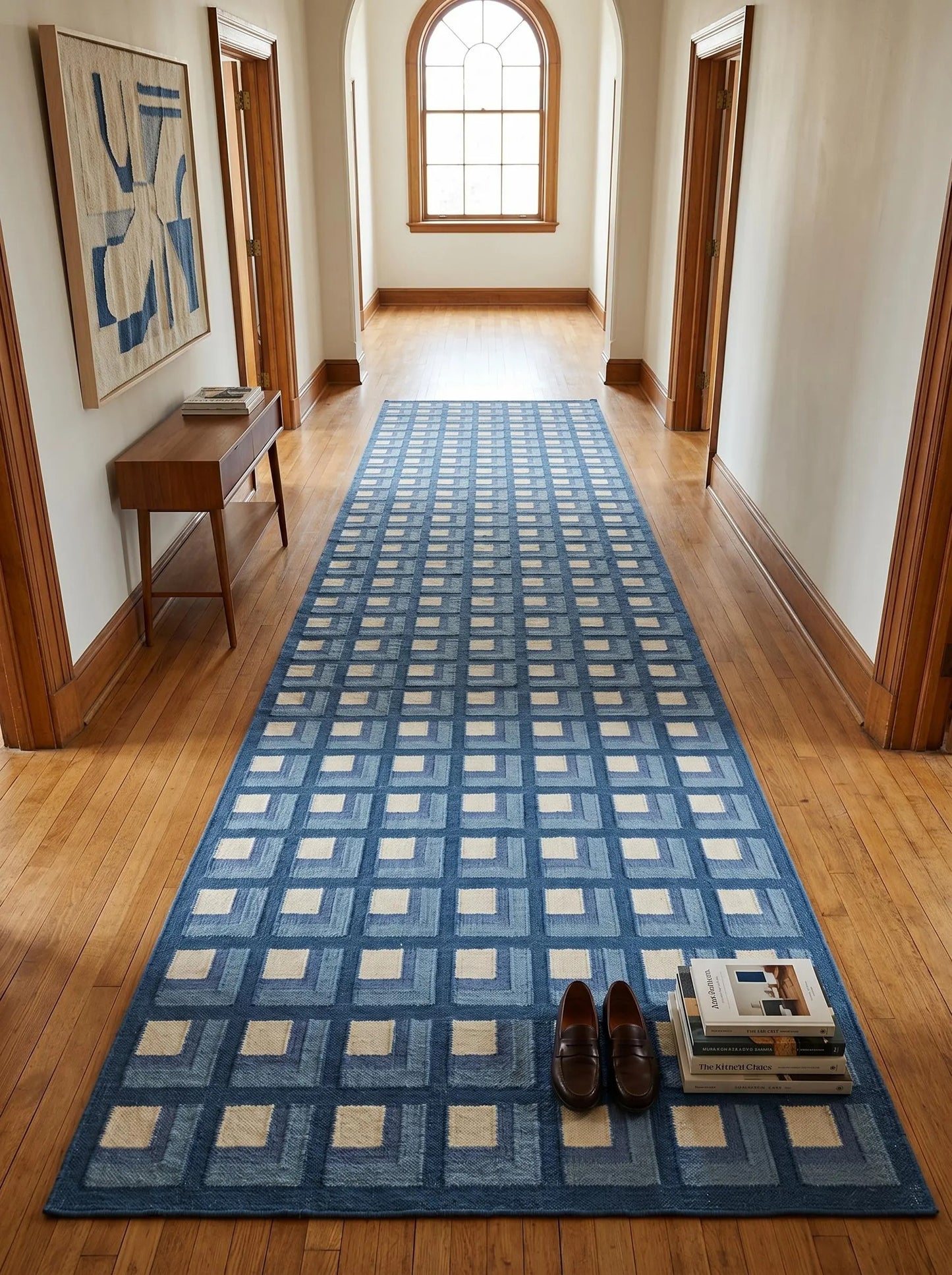Slate Optical Cube Century Modern Blue & Cream Wool Cotton Dhurrie Rug