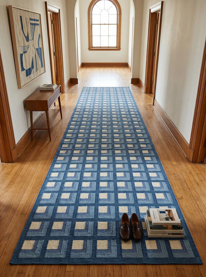 Slate Optical Cube Century Modern Blue & Cream Wool Cotton Dhurrie Rug