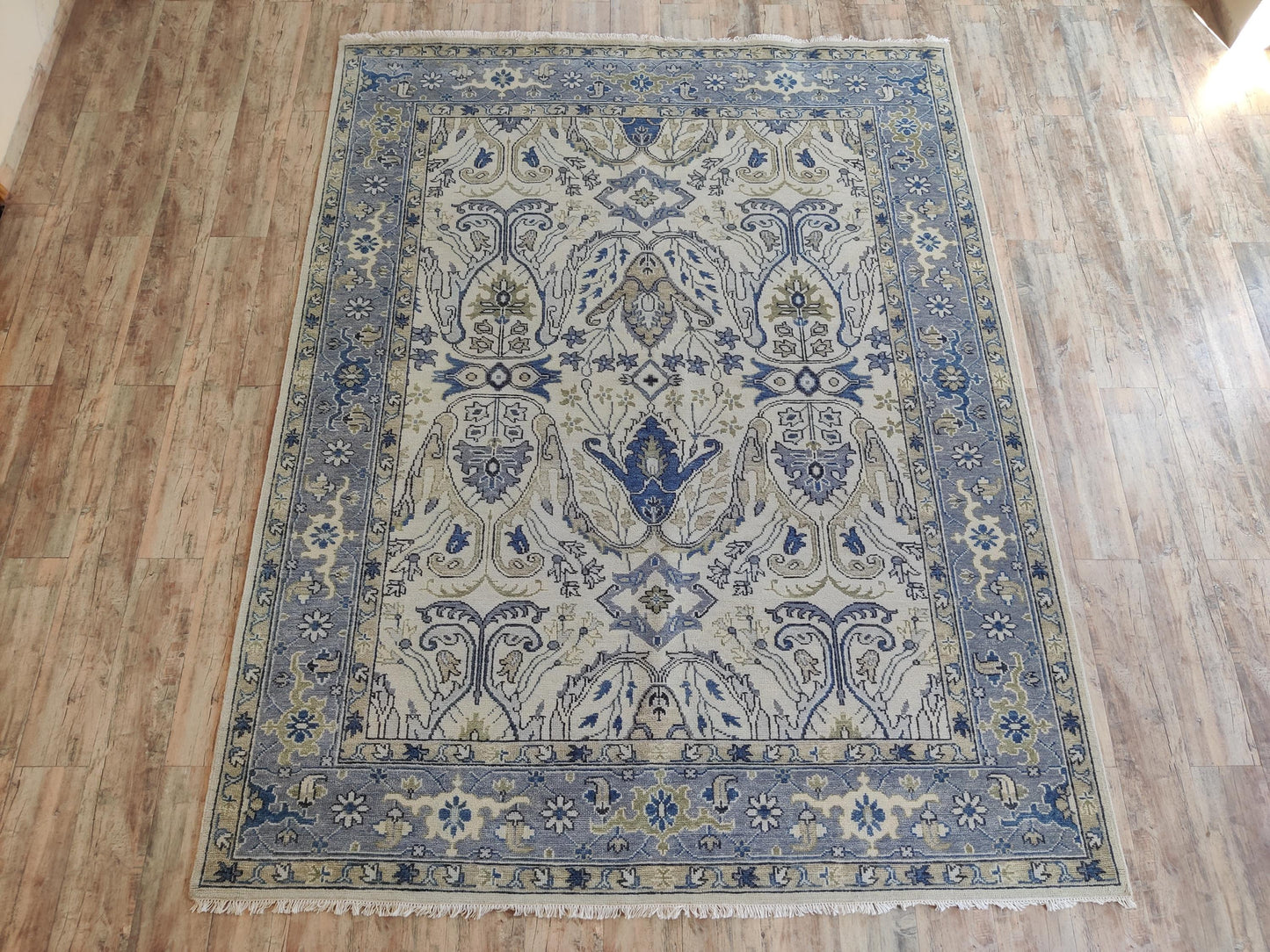 Periwinkle Mist Antique-Wash Floral Hand-Knotted Wool Rug