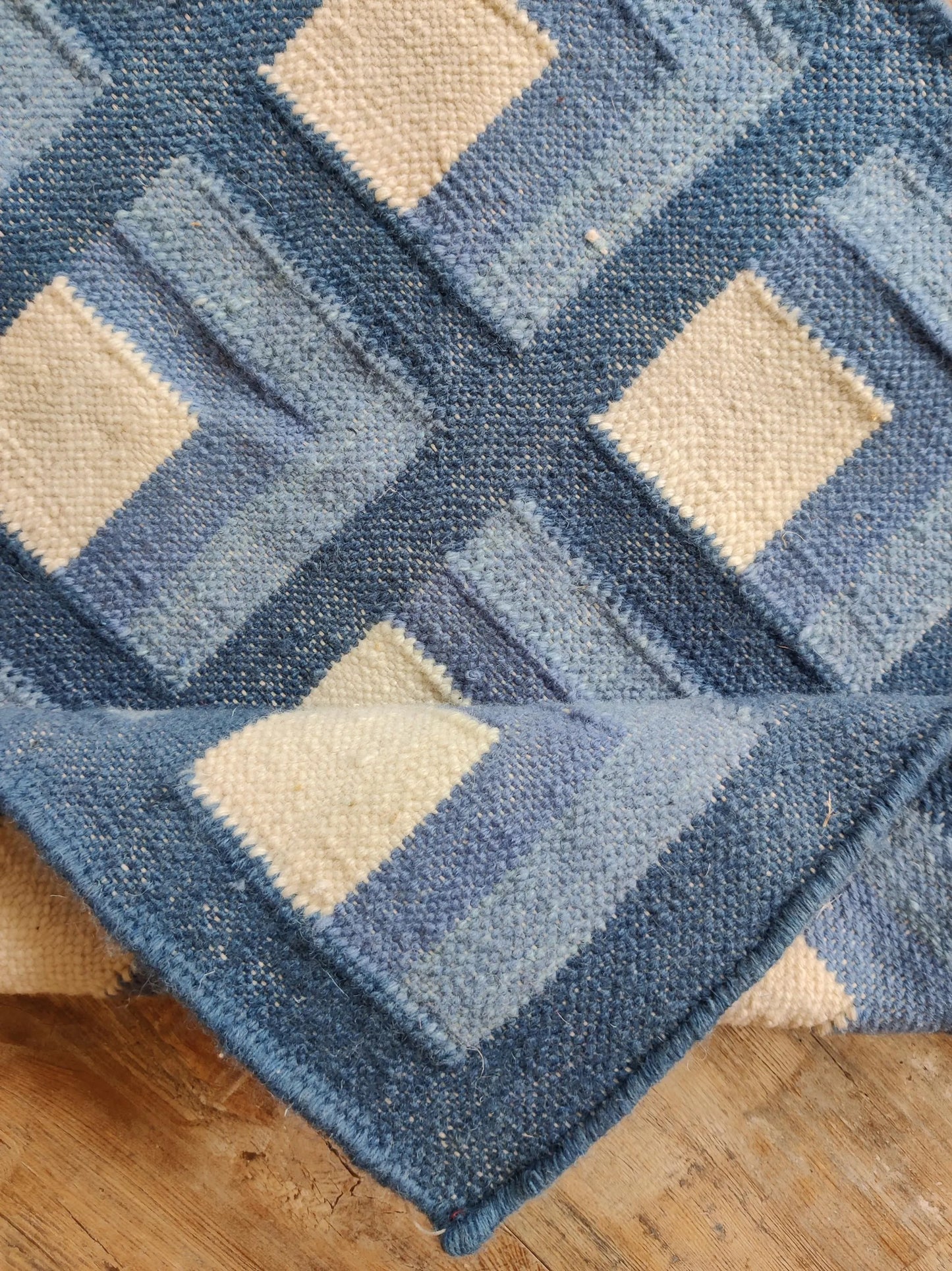 Slate Optical Cube Century Modern Blue & Cream Wool Cotton Dhurrie Rug