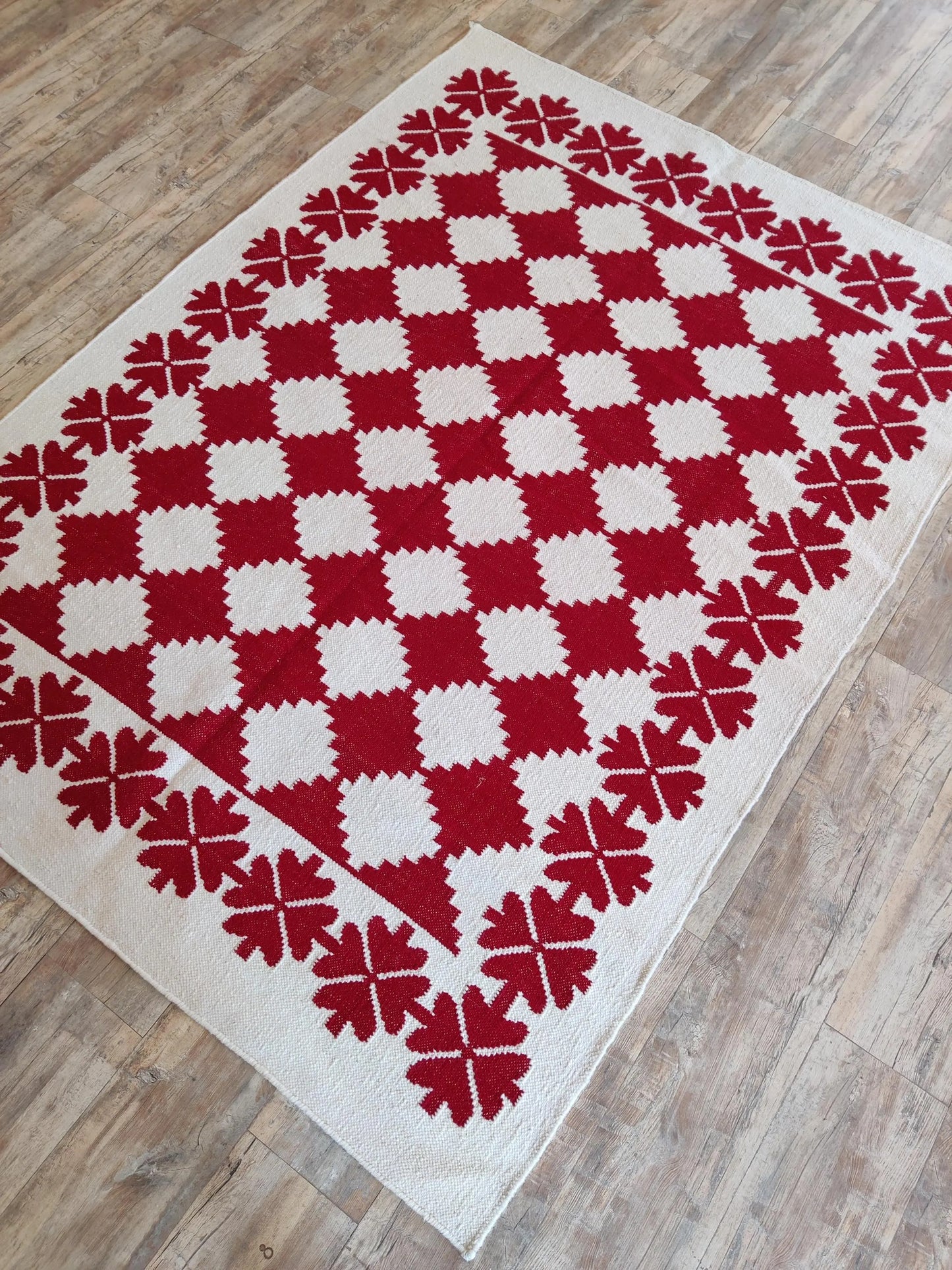 Traditional Ruby Red & Cream Wool Cotton Dhurrie Rug