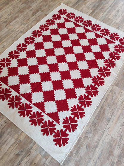 Traditional Ruby Red & Cream Wool Cotton Dhurrie Rug