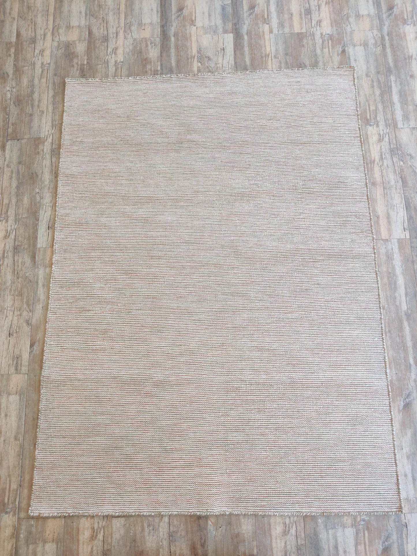 Handwoven Ribbed Wool Rug Natural Beige with Fringed Edge