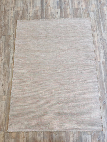 Handwoven Ribbed Wool Rug Natural Beige with Fringed Edge