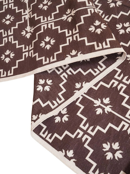 Espresso Dark Brown Geometric Area Rug, Minimalist Floral Diamond Dhurrie Rug
