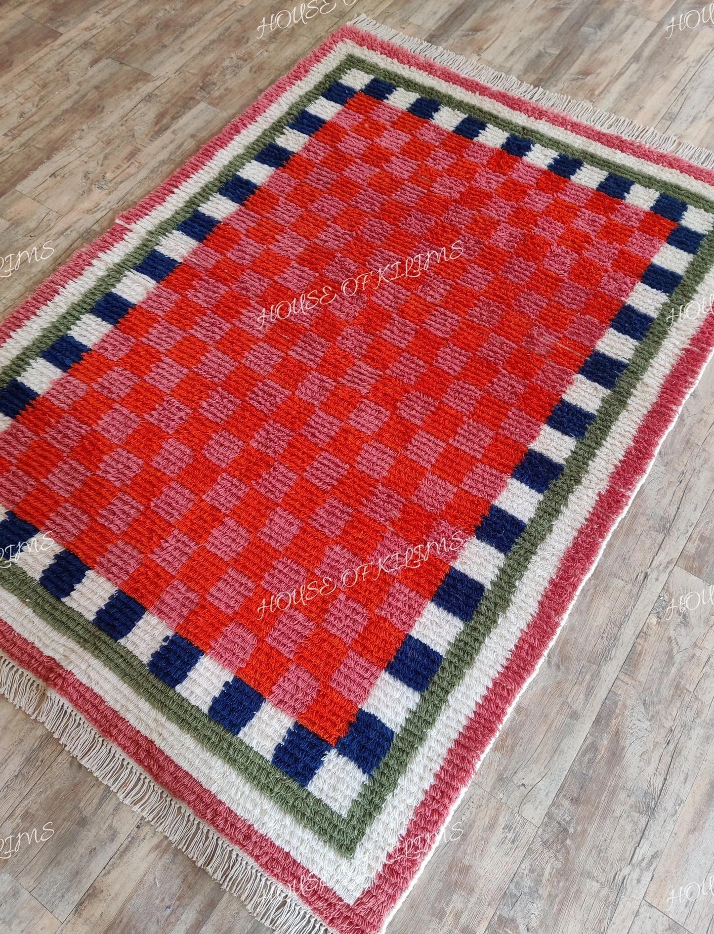 Moroccan Berber Style Wool Rug, Hand Woven Red Checkered Area Rug