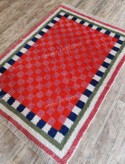 Moroccan Berber Style Wool Rug, Hand Woven Red Checkered Area Rug