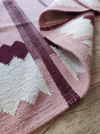 Rose Burgundy Sawtooth Modern Pastel Pink & Maroon Wool Cotton Dhurrie Rug