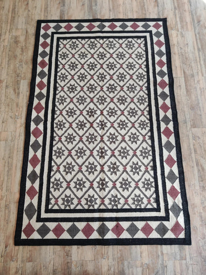 Midnight Star Lattice Charcoal Grey and Mauve Cotton Wool Dhurrie Rug
